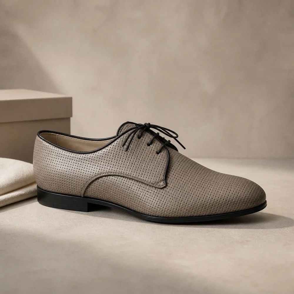 Doucal's Men’s Taupe Perforated Soft Leather Comfort Derby Shoes with Black Trim